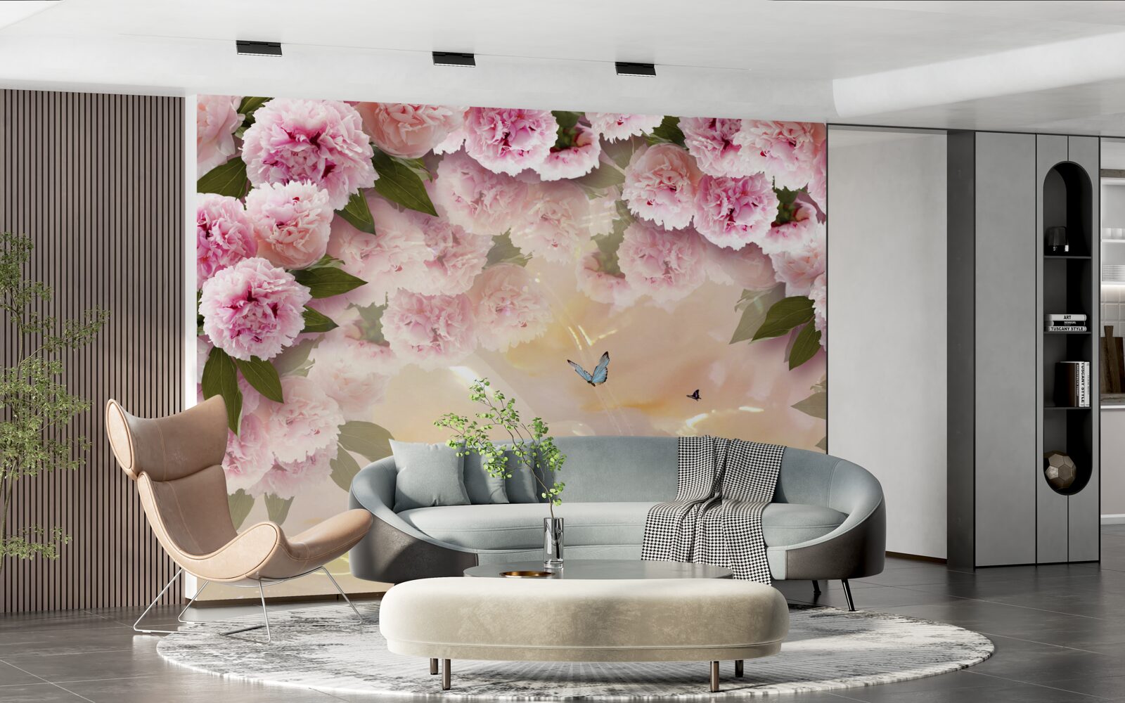 Carta da parati delicati papillons e fiori rosa
