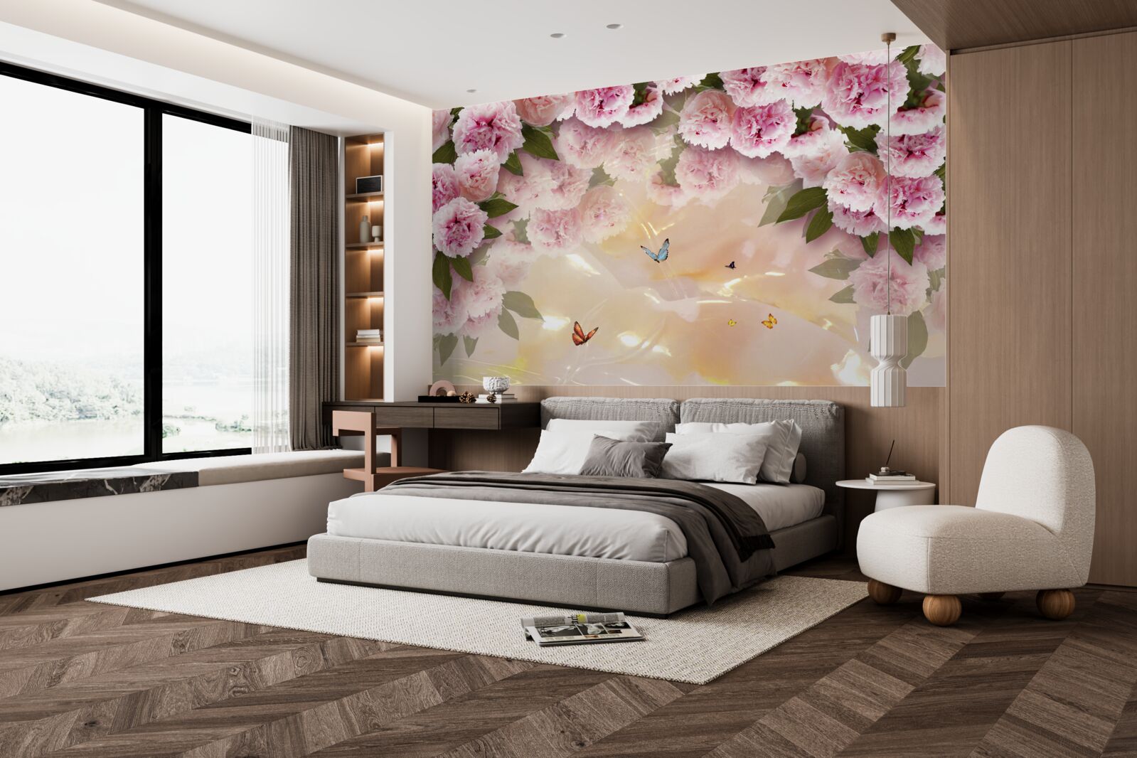 Carta da parati delicati papillons e fiori rosa