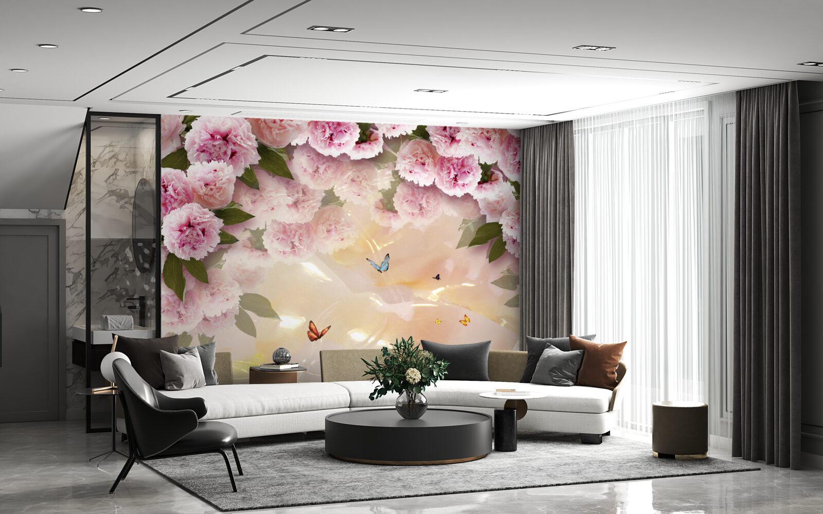 Carta da parati delicati papillons e fiori rosa