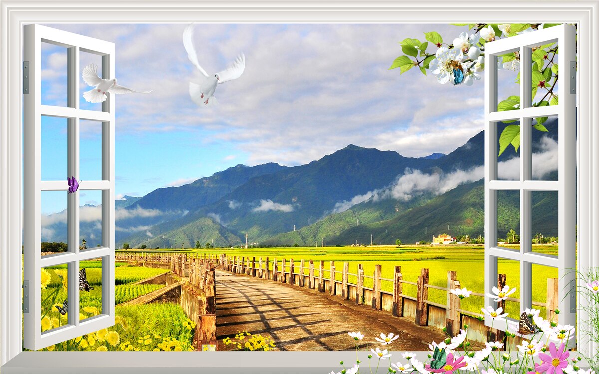 Carta da parati vista dalla finestra sul panorama montano