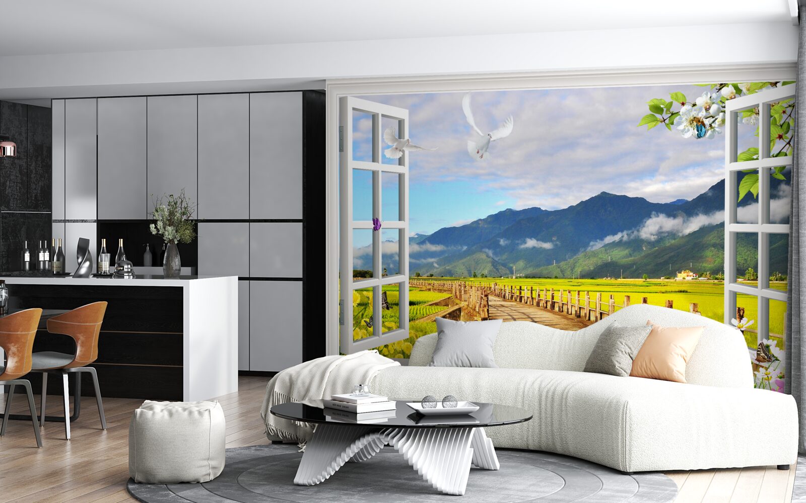 Carta da parati vista dalla finestra sul panorama montano