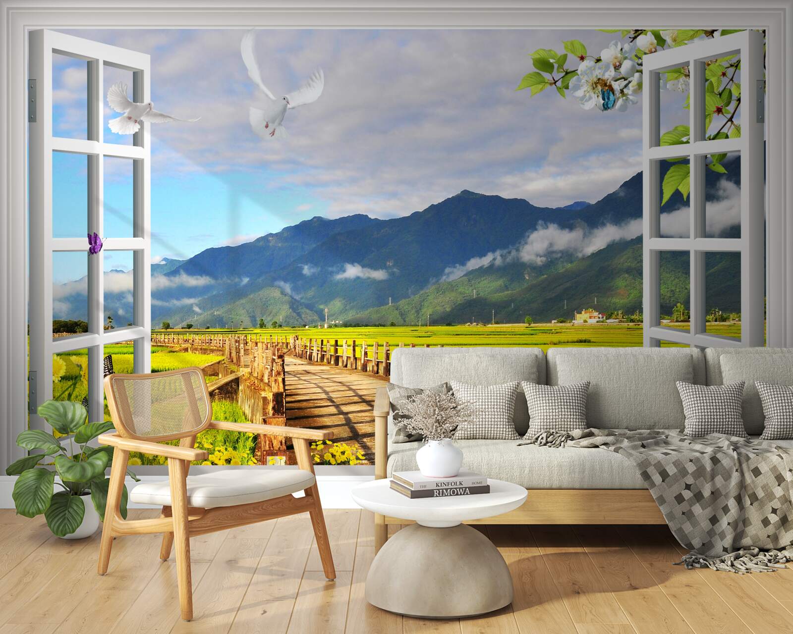 Carta da parati vista dalla finestra sul panorama montano