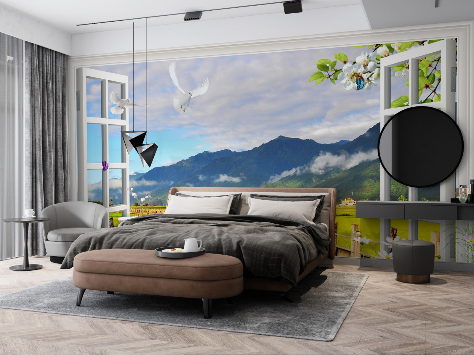 Carta da parati vista dalla finestra sul panorama montano