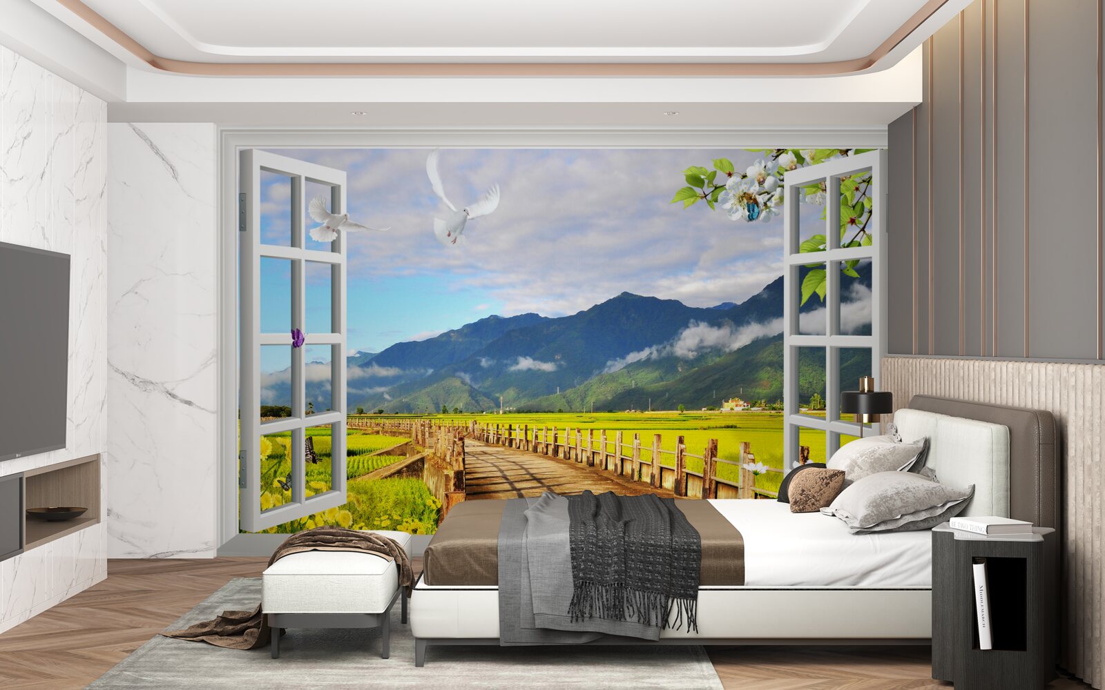 Carta da parati vista dalla finestra sul panorama montano