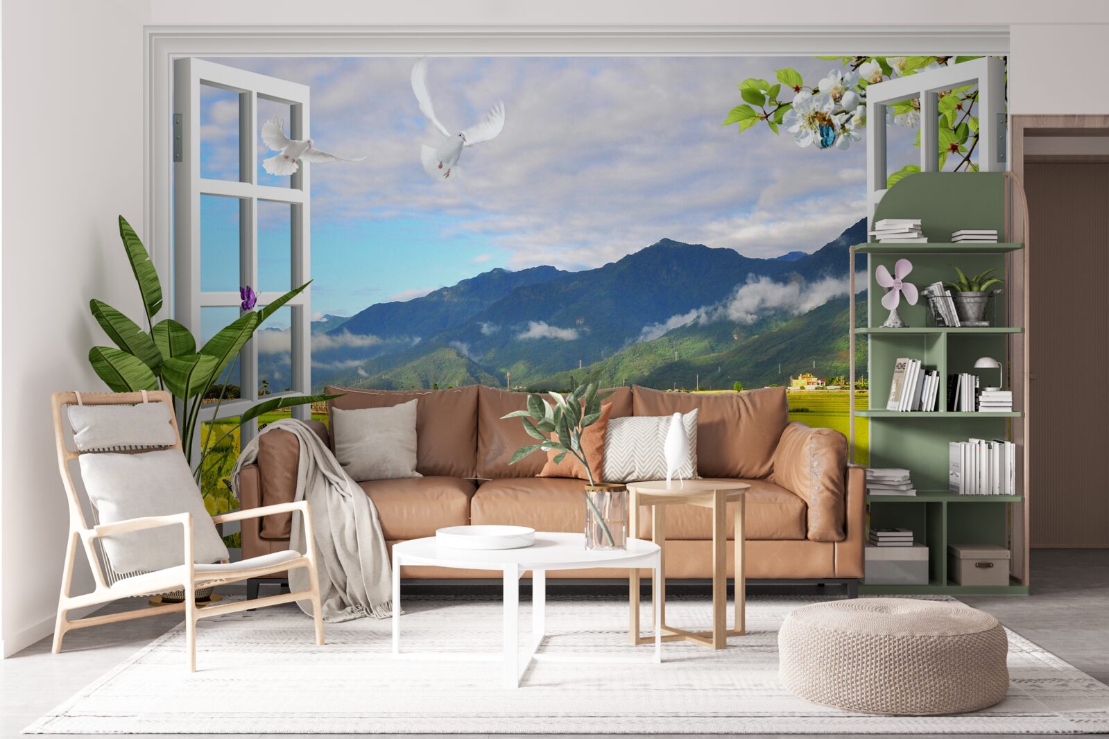 Carta da parati vista dalla finestra sul panorama montano