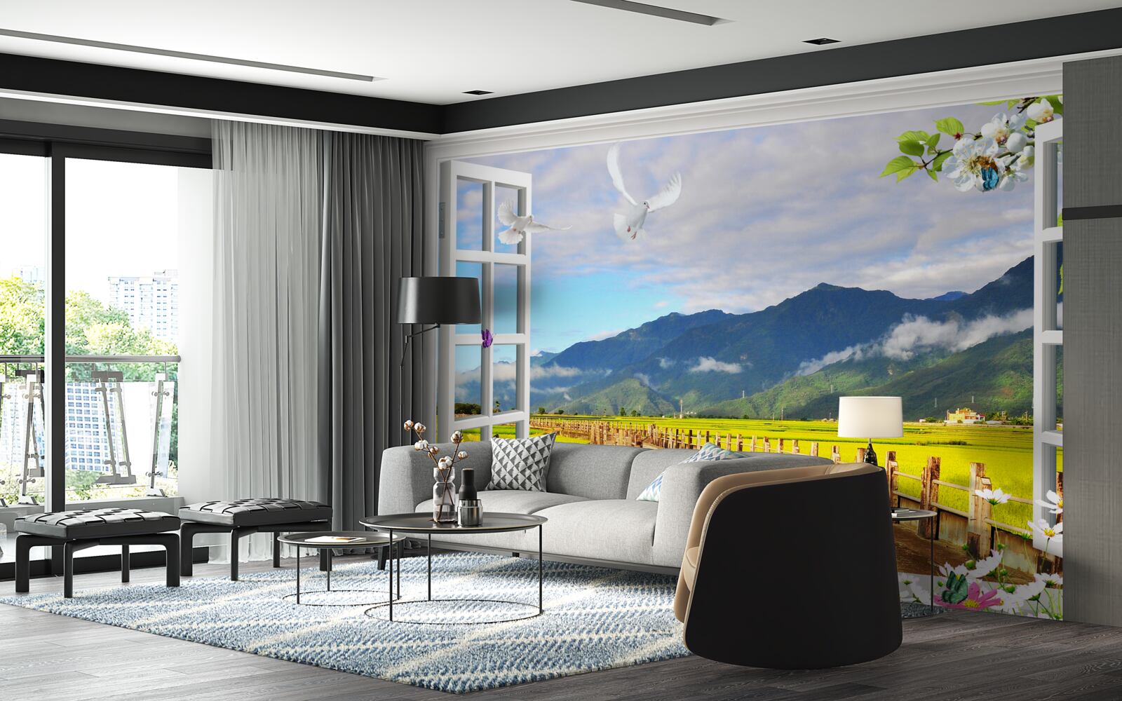 Carta da parati vista dalla finestra sul panorama montano