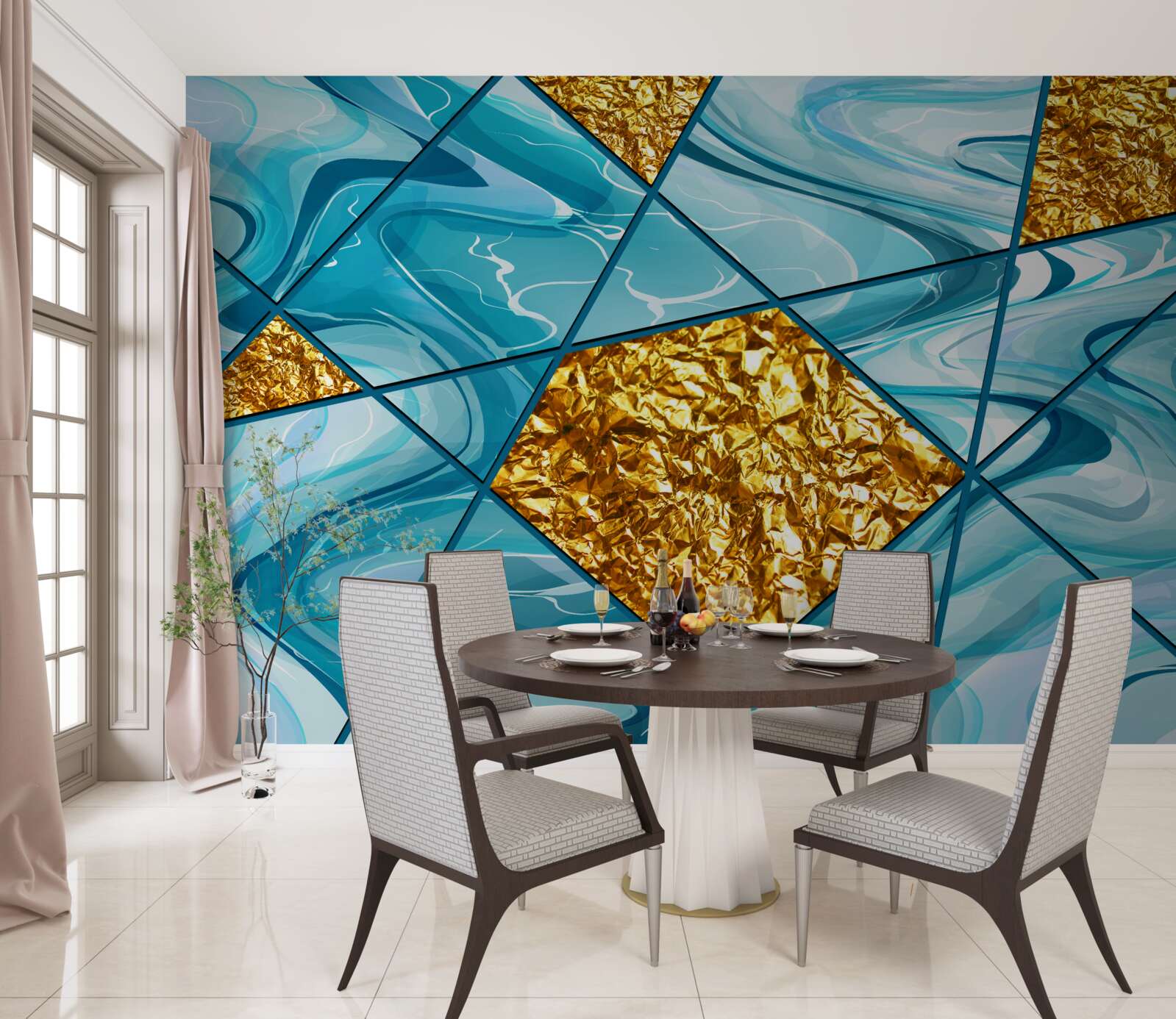 Carta da parati il cielo è azzurro e sfocato, decorato con accenti d'oro