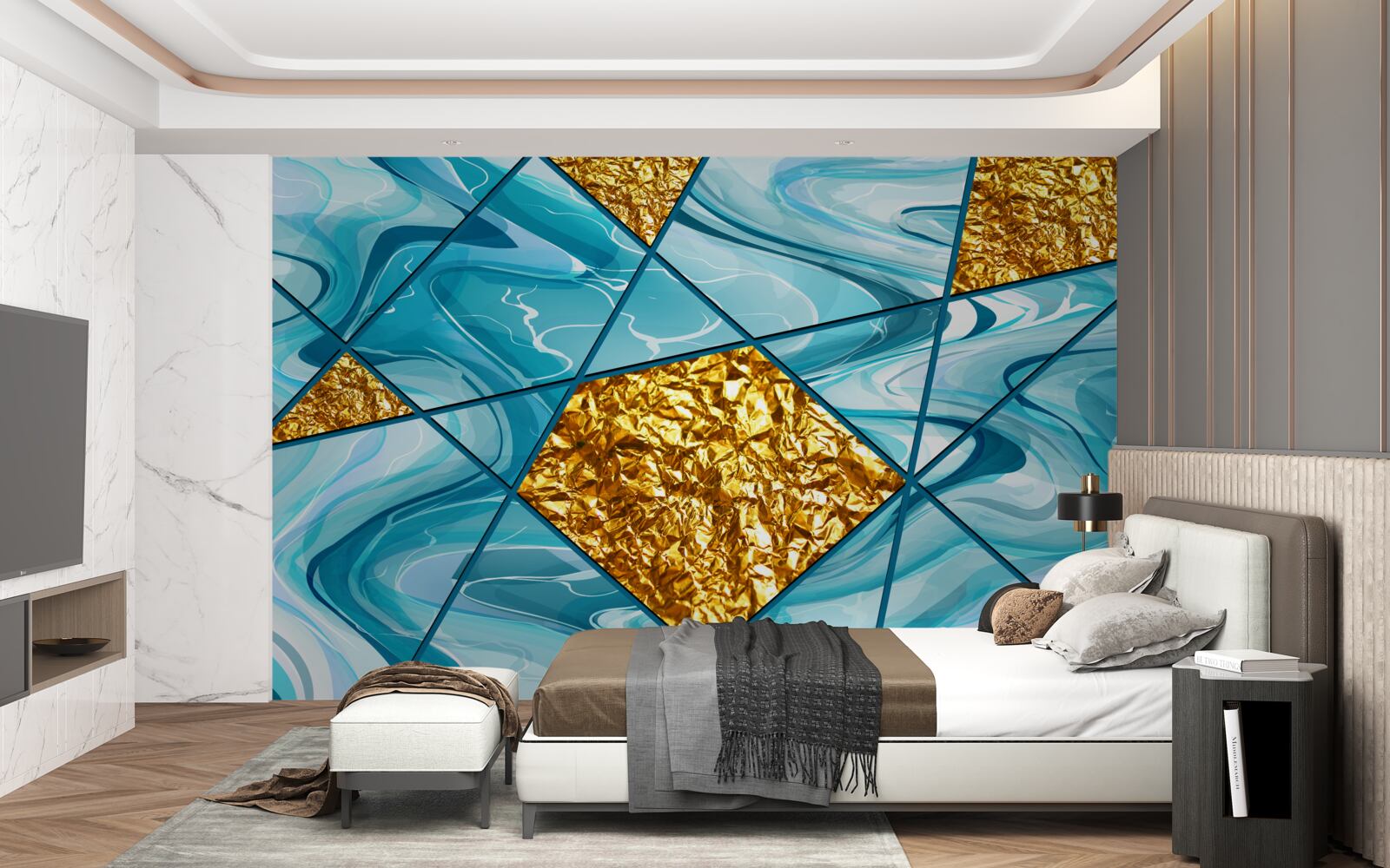 Carta da parati il cielo è azzurro e sfocato, decorato con accenti d'oro