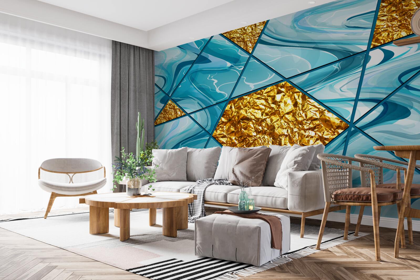 Carta da parati il cielo è azzurro e sfocato, decorato con accenti d'oro