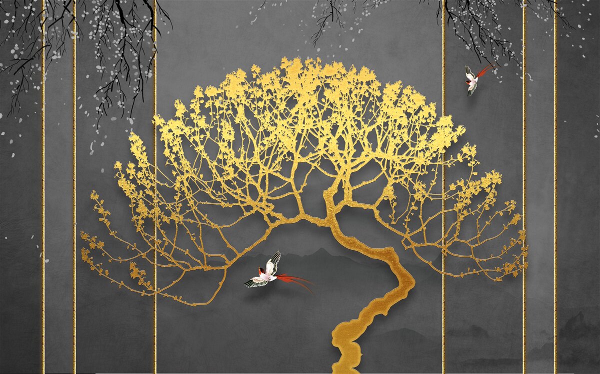 Carta da parati silhouette di un bonsai che brilla d'oro