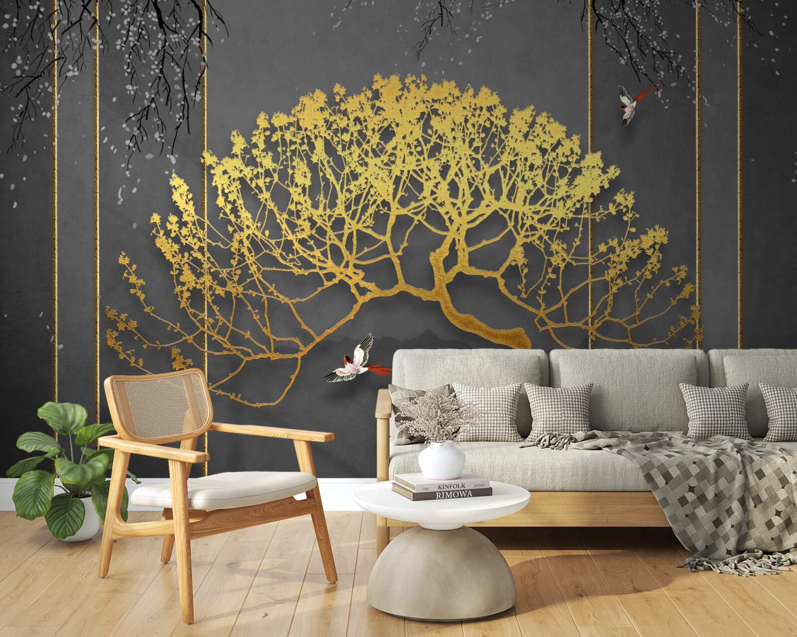 Carta da parati silhouette di un bonsai che brilla d'oro