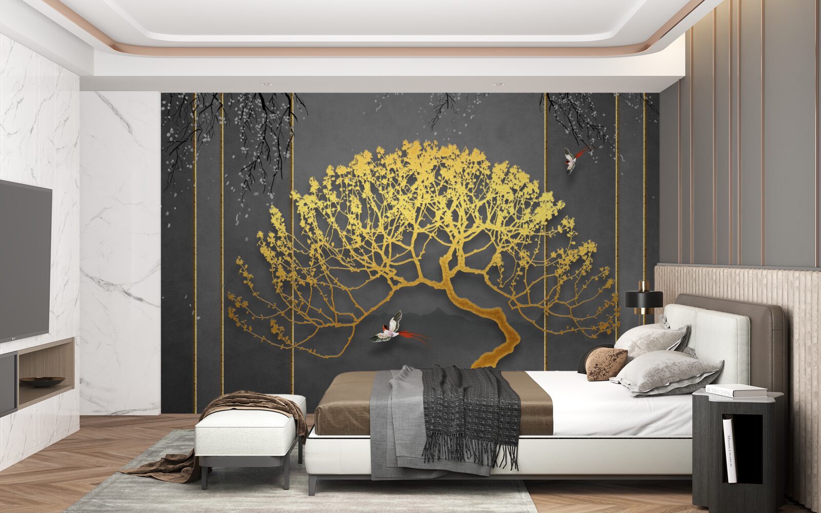 Carta da parati silhouette di un bonsai che brilla d'oro
