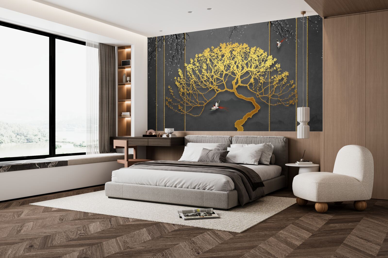 Carta da parati silhouette di un bonsai che brilla d'oro