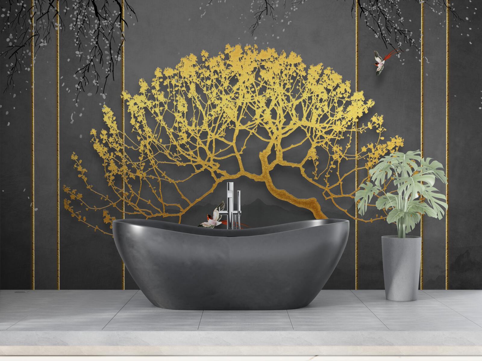 Carta da parati silhouette di un bonsai che brilla d'oro
