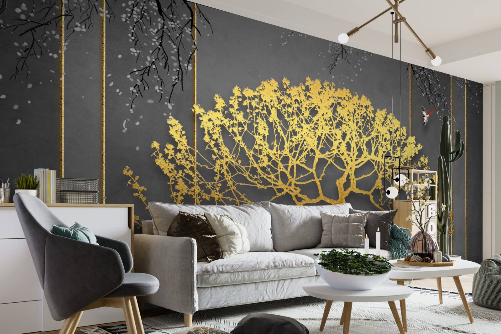 Carta da parati silhouette di un bonsai che brilla d'oro