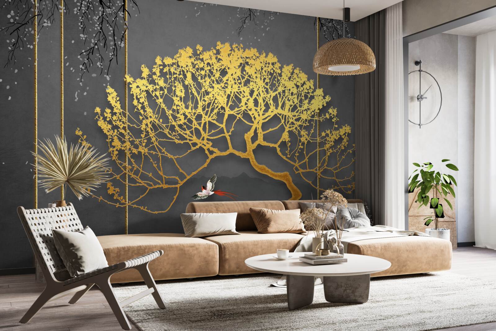 Carta da parati silhouette di un bonsai che brilla d'oro