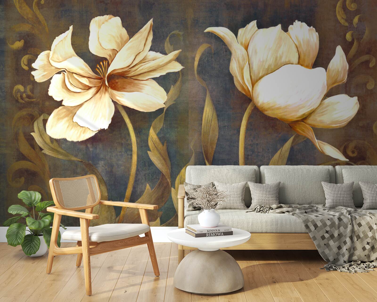 Carta da parati due grandi fiori beige