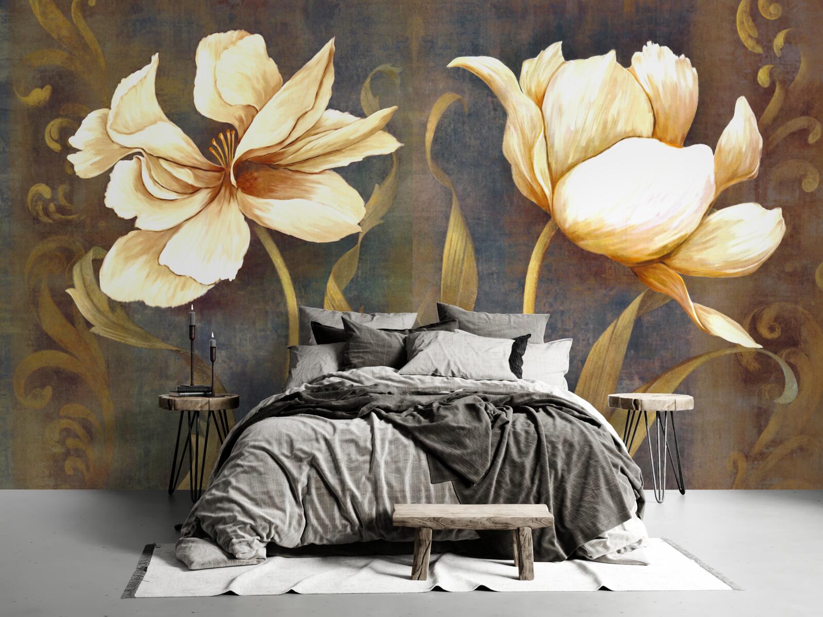 Carta da parati due grandi fiori beige