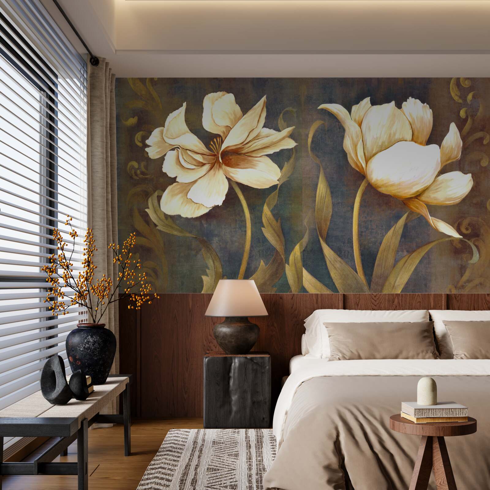 Carta da parati due grandi fiori beige
