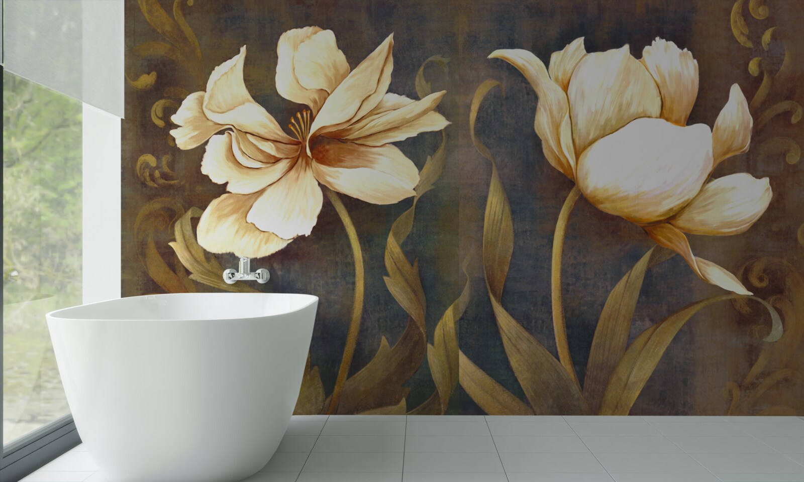 Carta da parati due grandi fiori beige