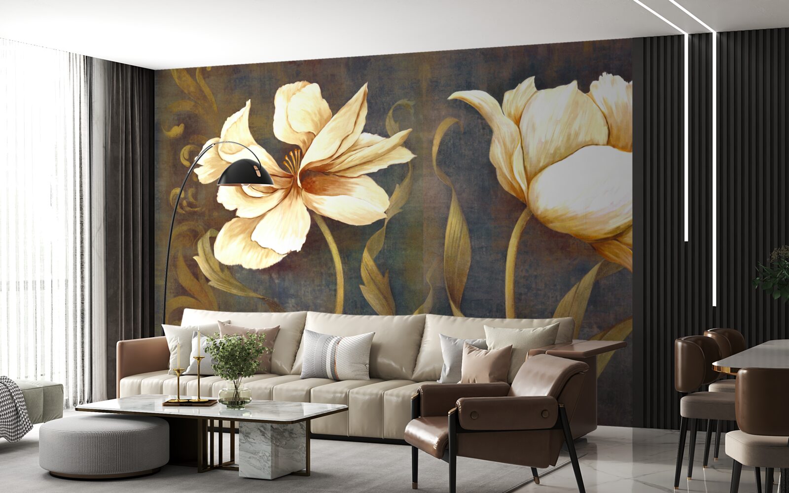 Carta da parati due grandi fiori beige