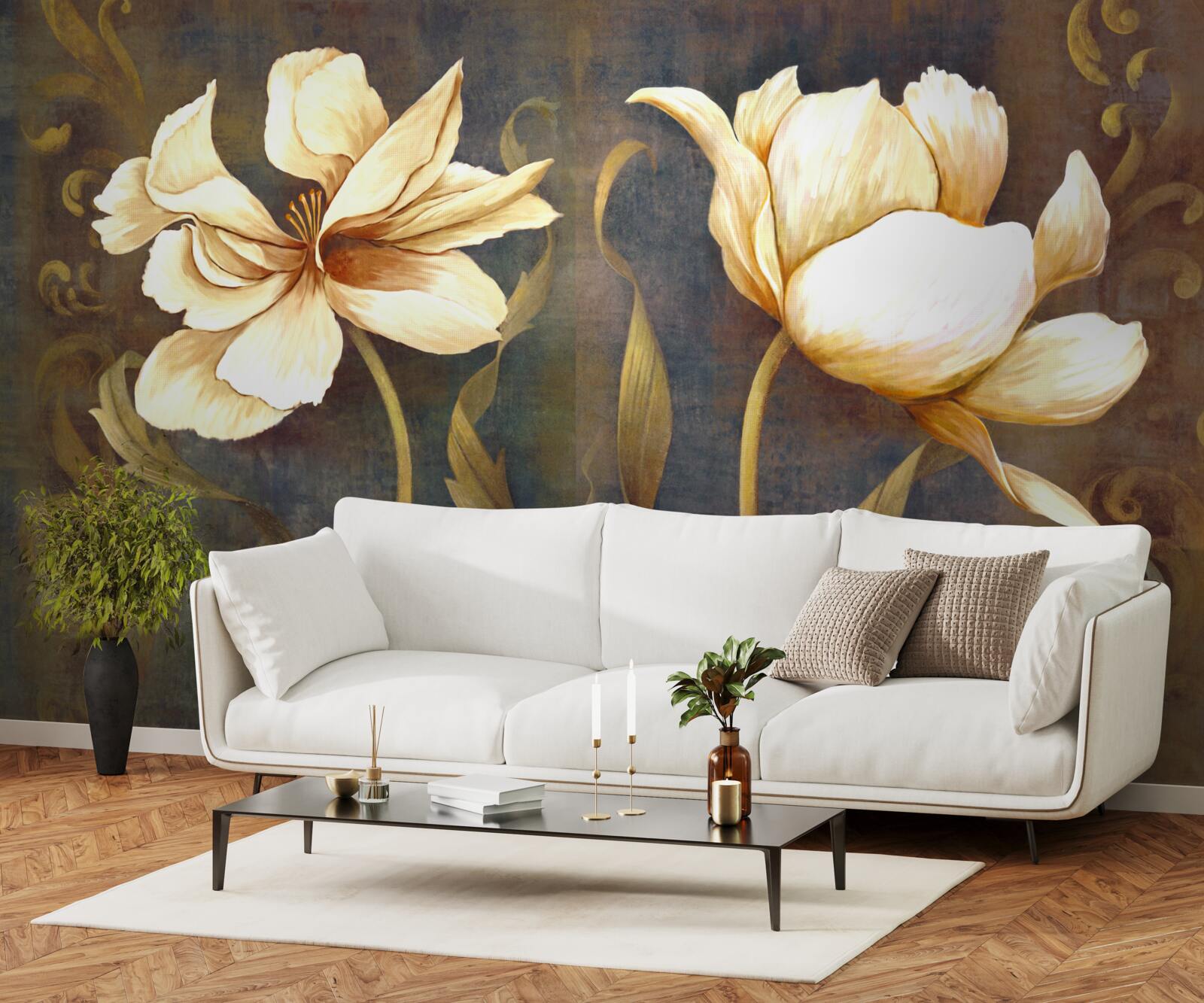 Carta da parati due grandi fiori beige
