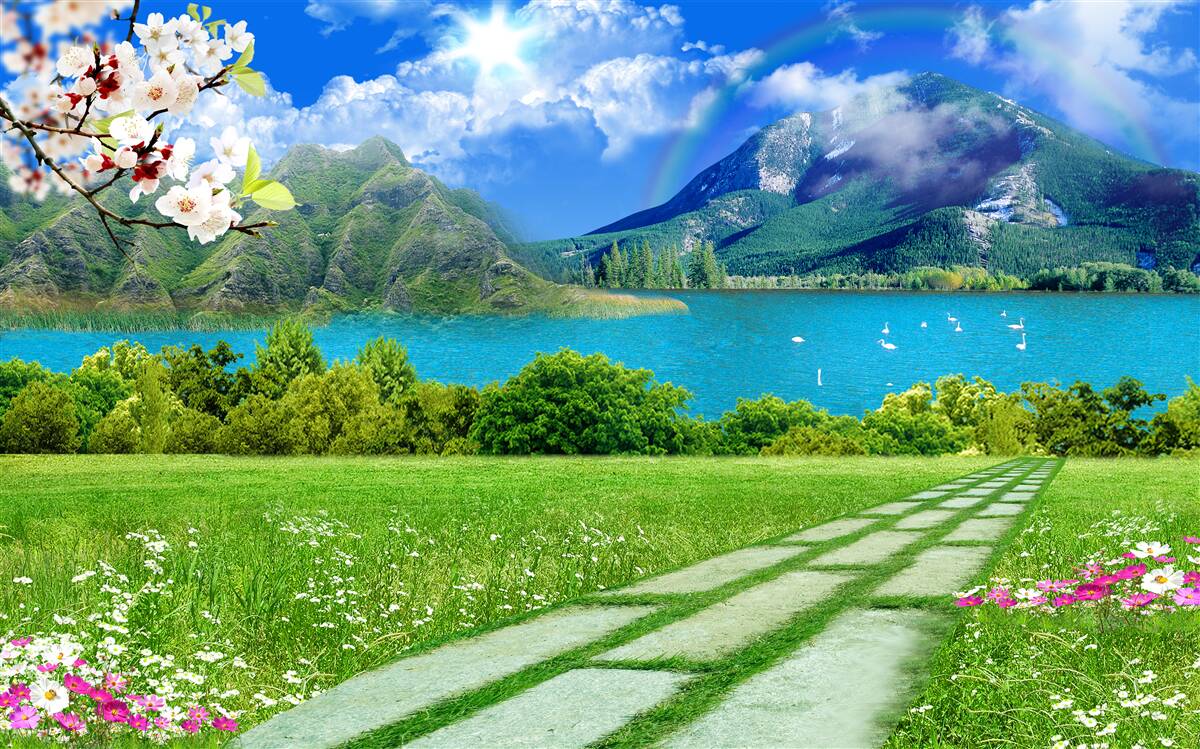 Carta da parati vista ipnotica di un lago di montagna in estate