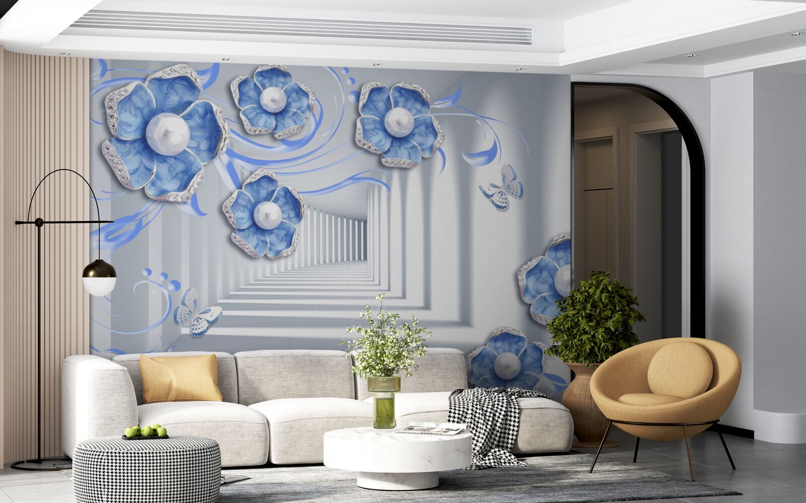 Carta da parati flora blu nel passaggio