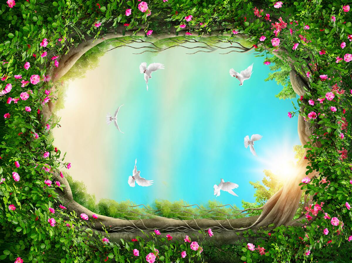 Carta da parati in una cornice verde di fiori, i piccioni scivolano nel cielo