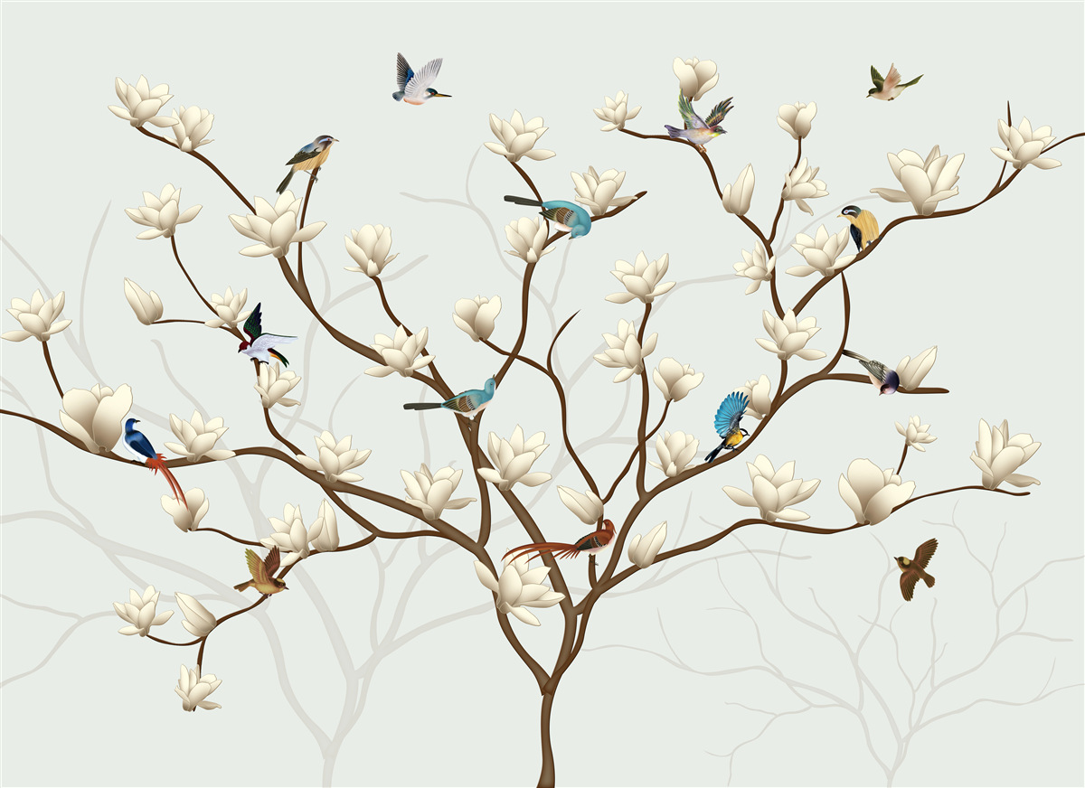 Carta da parati la magnolia è di colore bianco ed è abitata da una varietà di uccelli