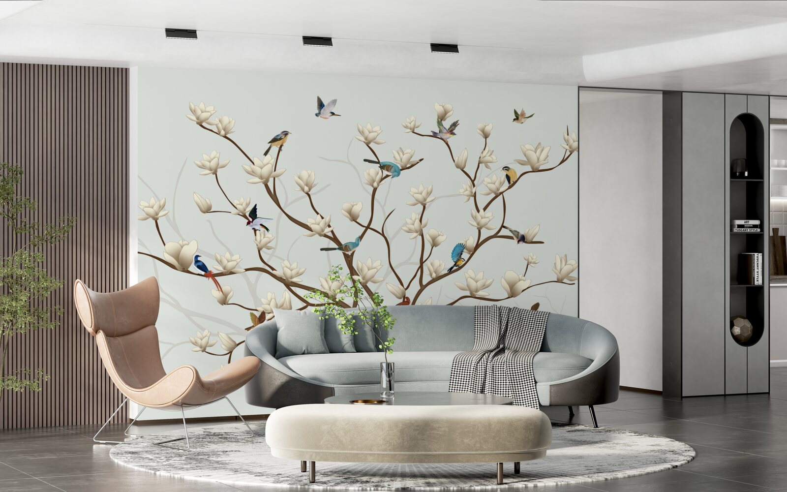 Carta da parati la magnolia è di colore bianco ed è abitata da una varietà di uccelli