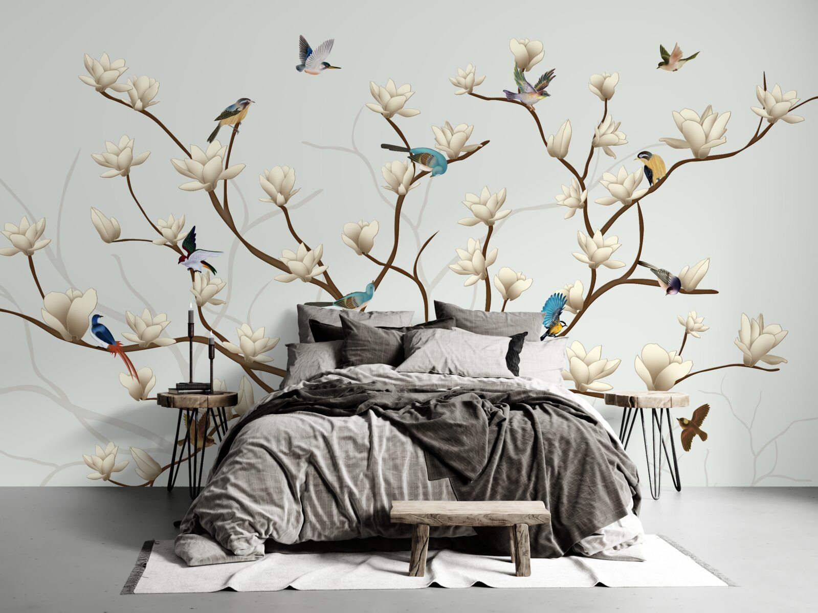 Carta da parati la magnolia è di colore bianco ed è abitata da una varietà di uccelli