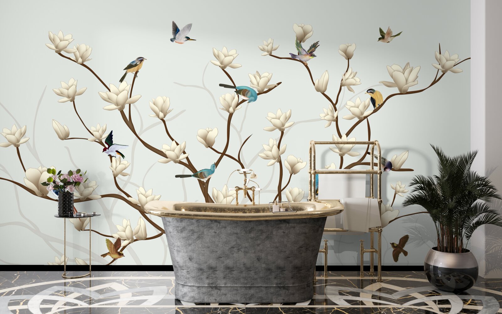 Carta da parati la magnolia è di colore bianco ed è abitata da una varietà di uccelli