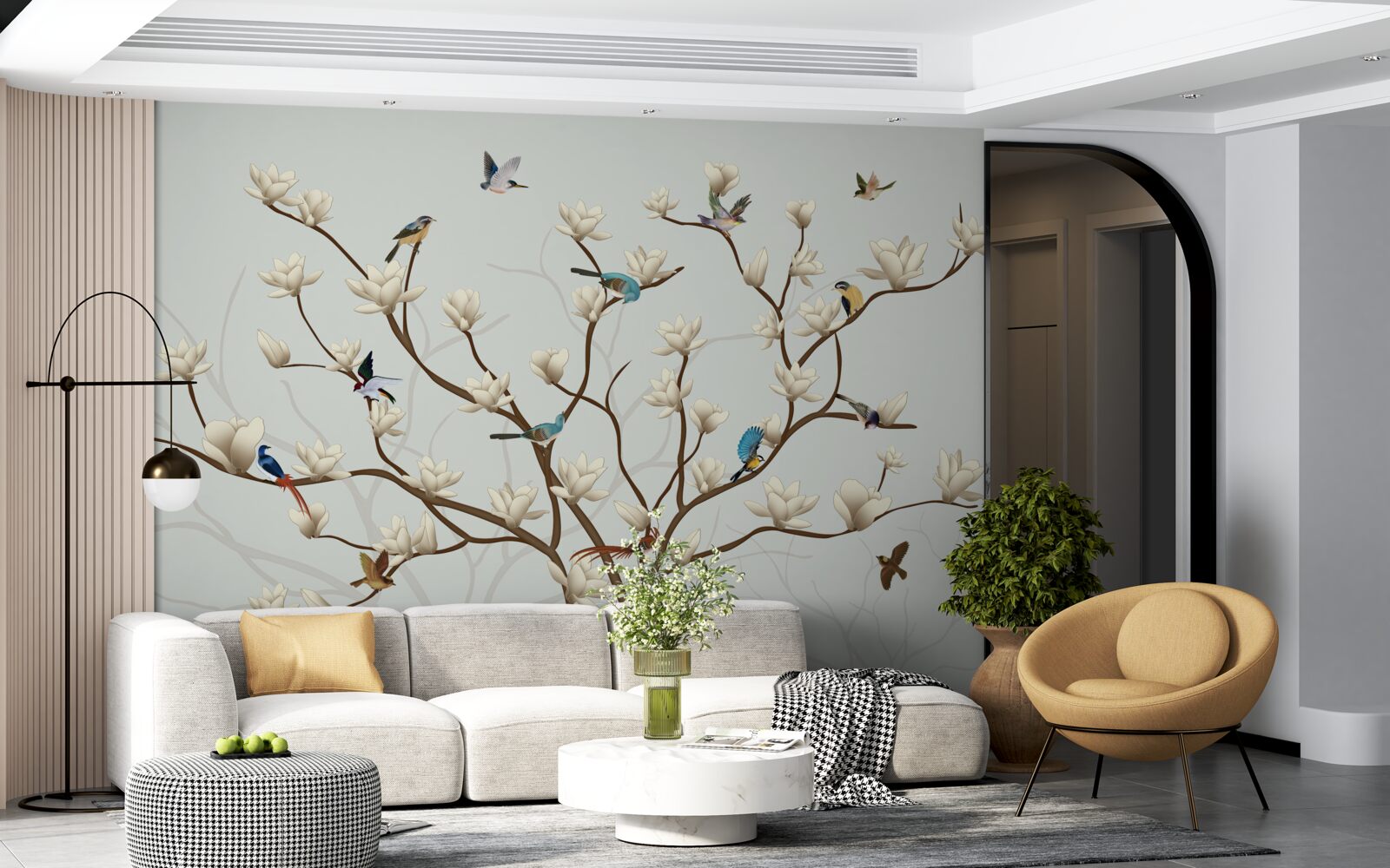 Carta da parati la magnolia è di colore bianco ed è abitata da una varietà di uccelli