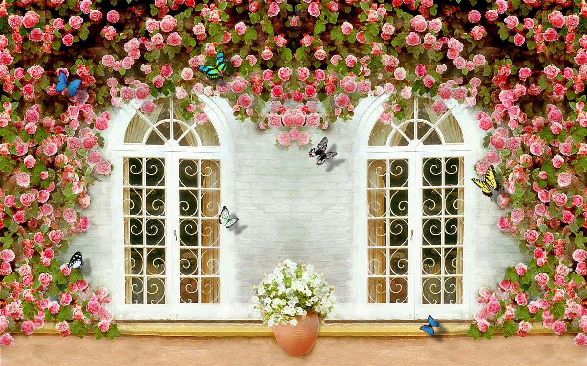 Carta da parati le finestre sono circondate da rose in fiore