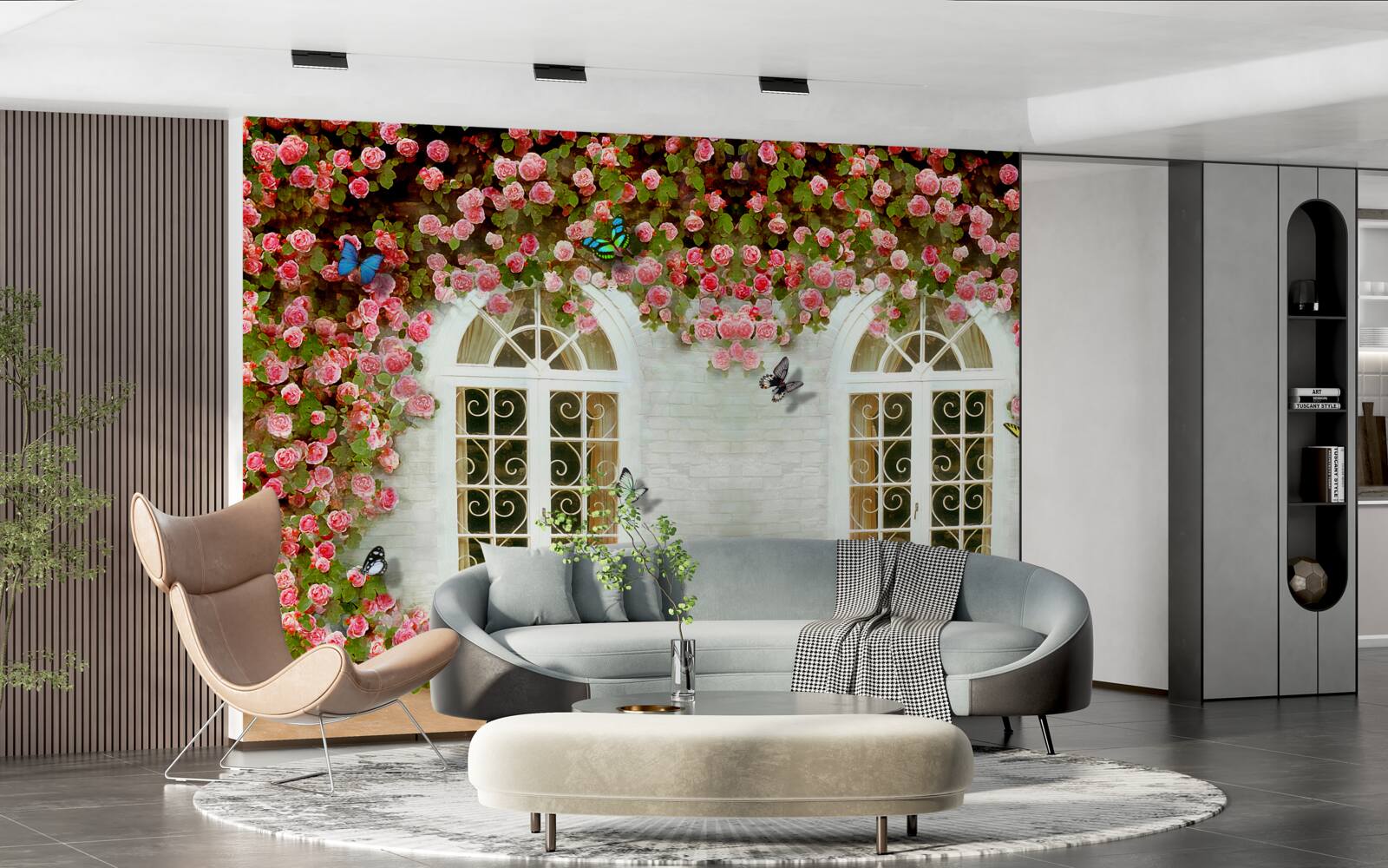 Carta da parati le finestre sono circondate da rose in fiore