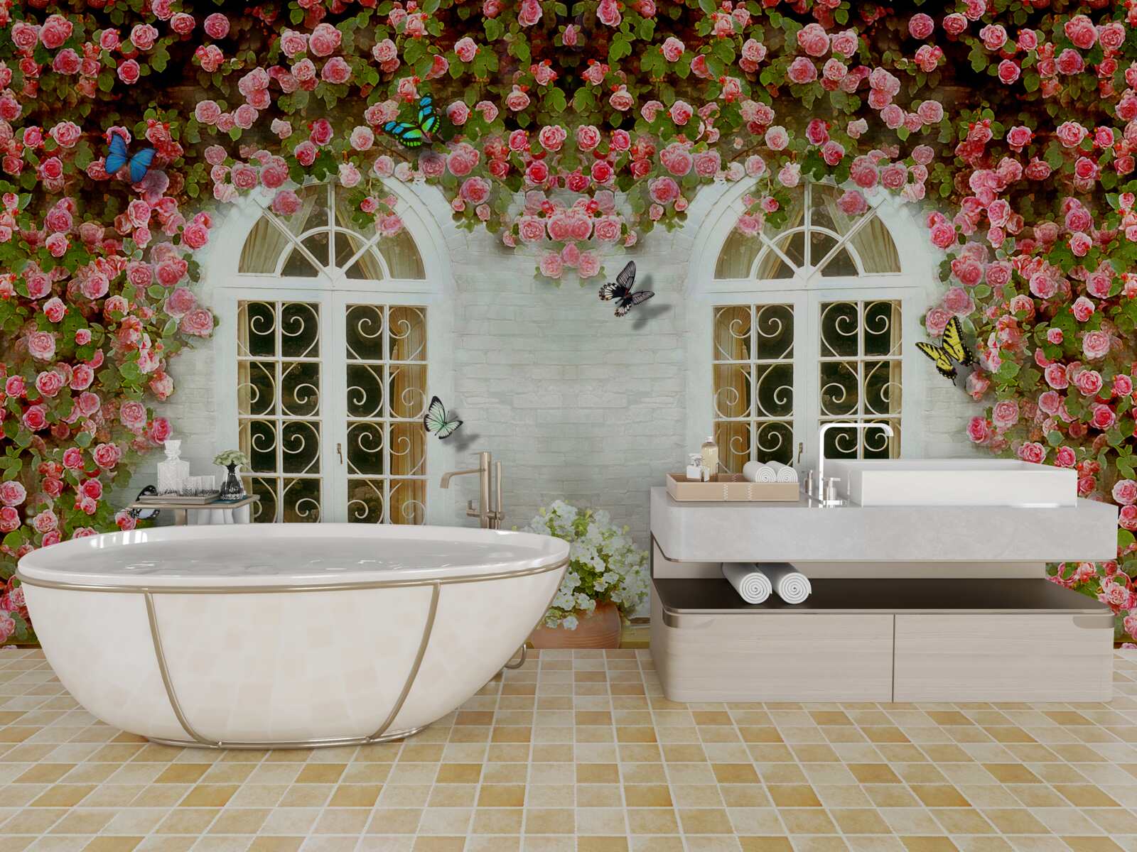 Carta da parati le finestre sono circondate da rose in fiore