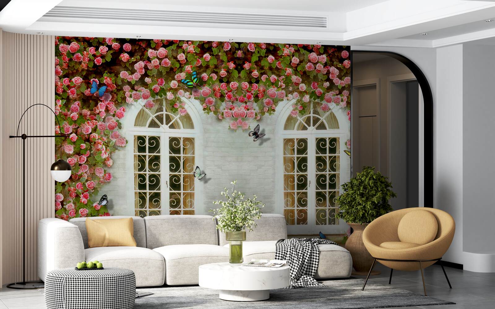 Carta da parati le finestre sono circondate da rose in fiore