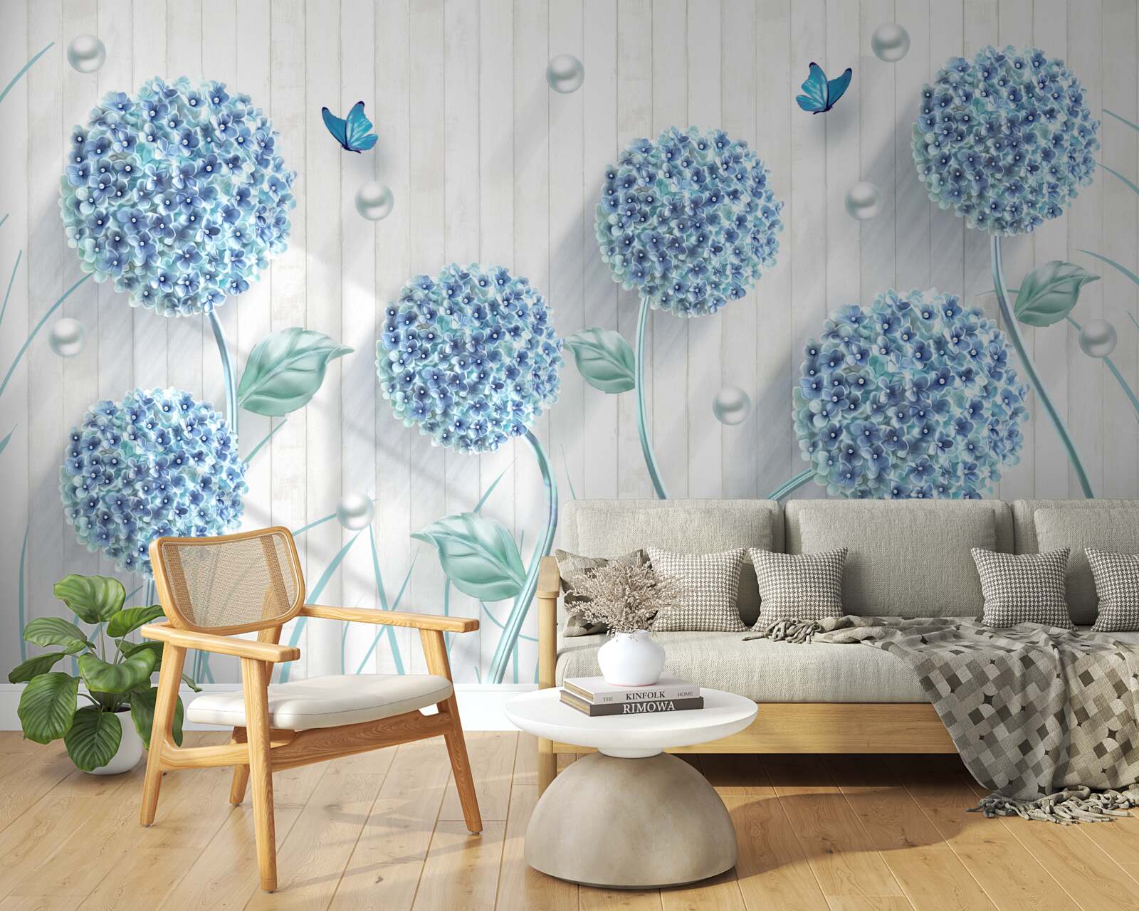 Carta da parati farfalle e fiori blu insoliti