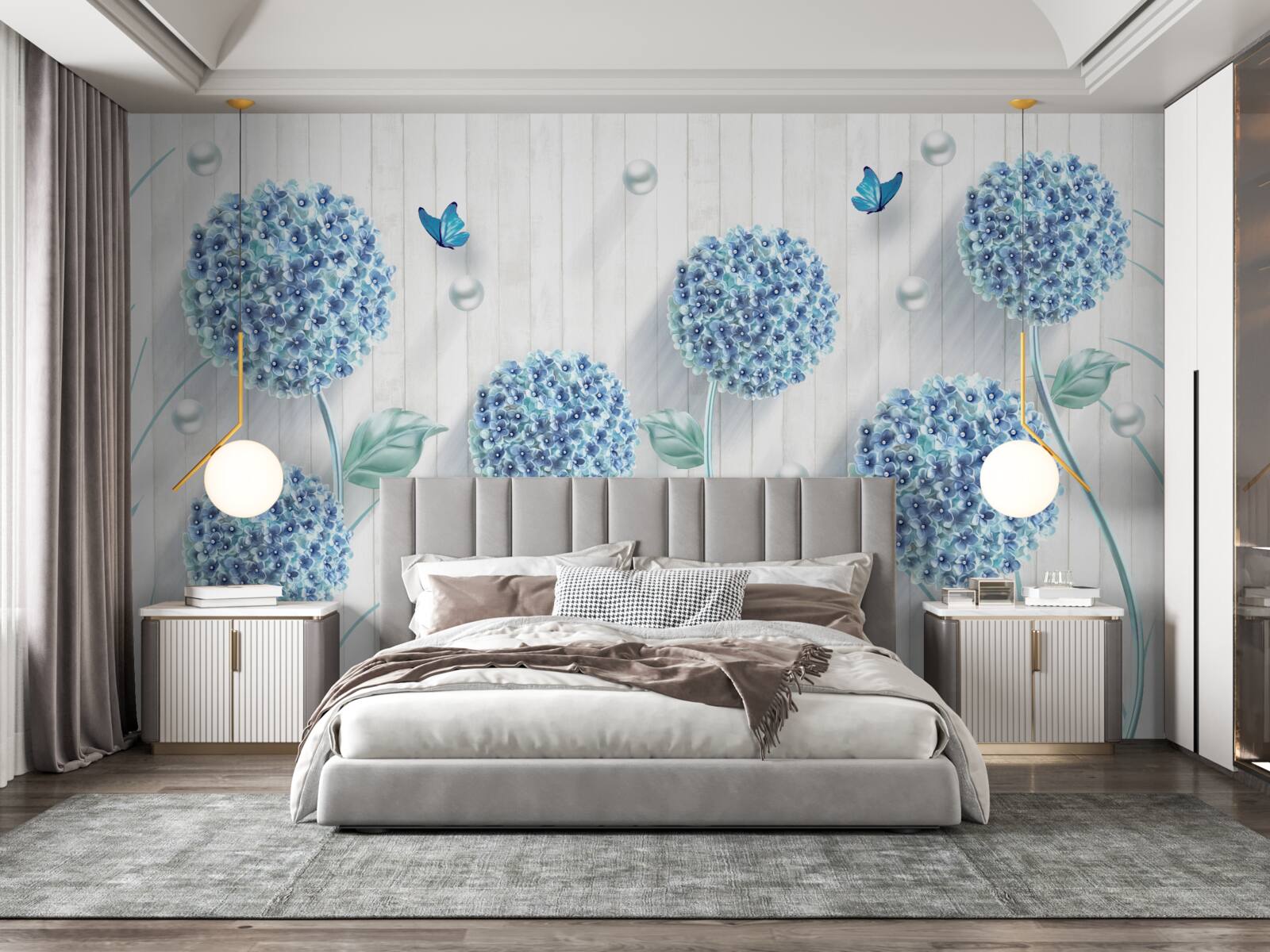 Carta da parati farfalle e fiori blu insoliti