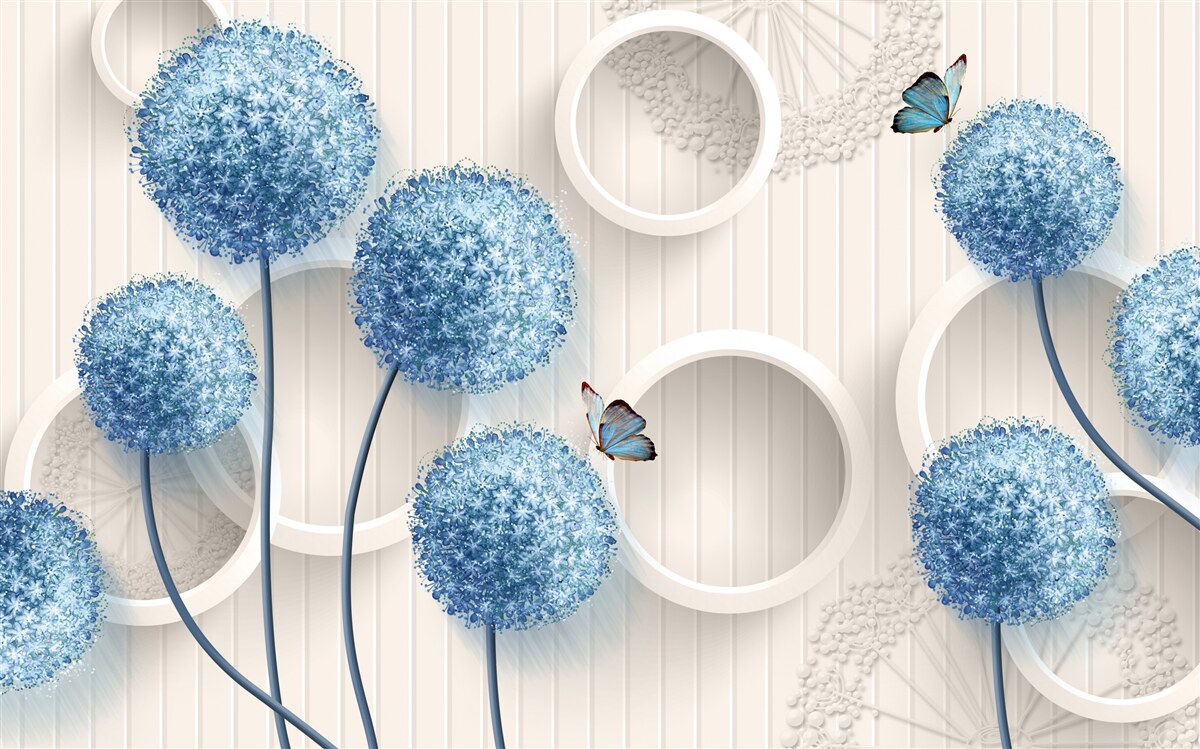 Carta da parati farfalle e fiori blu sono raffigurati su uno sfondo bianco