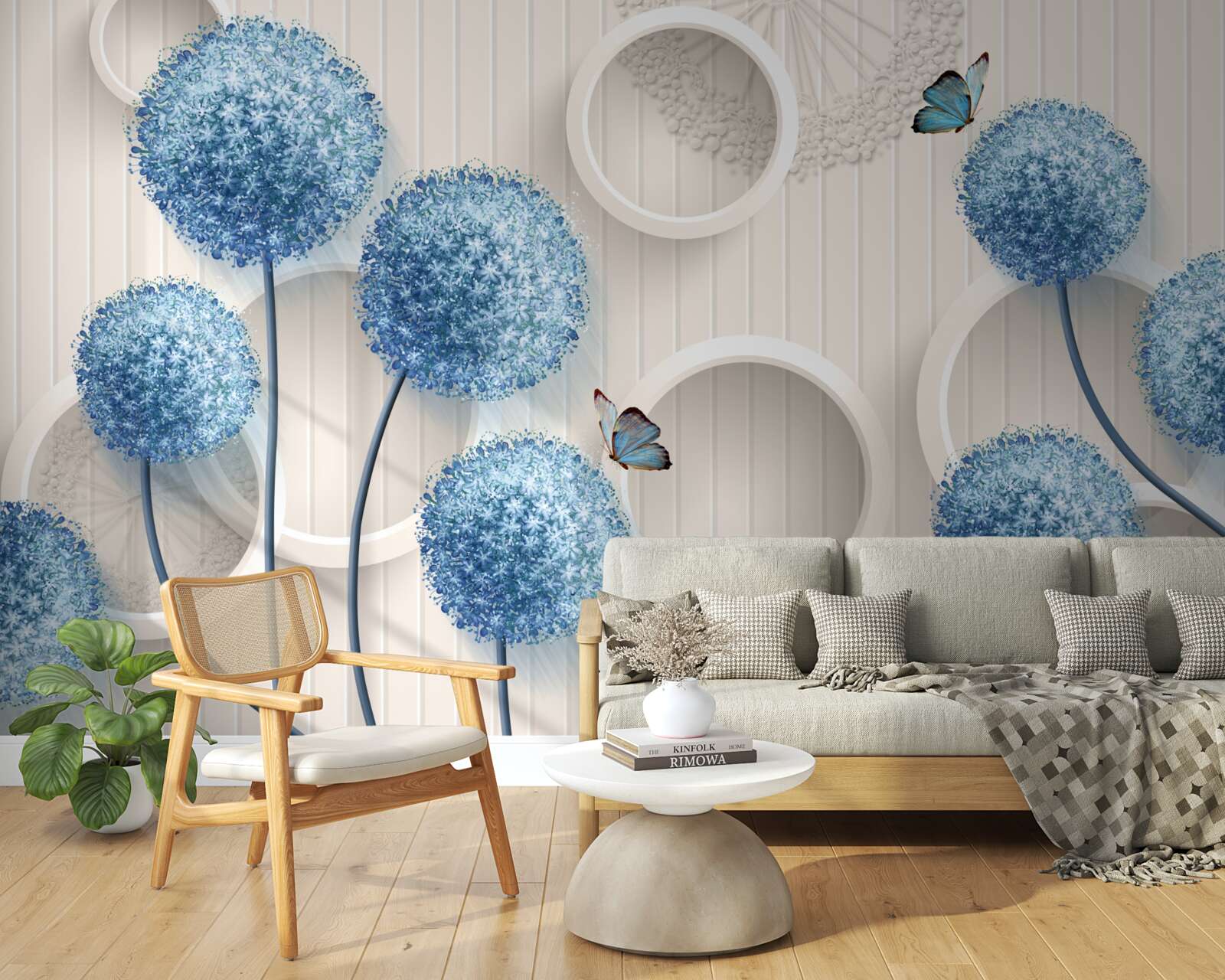 Carta da parati farfalle e fiori blu sono raffigurati su uno sfondo bianco