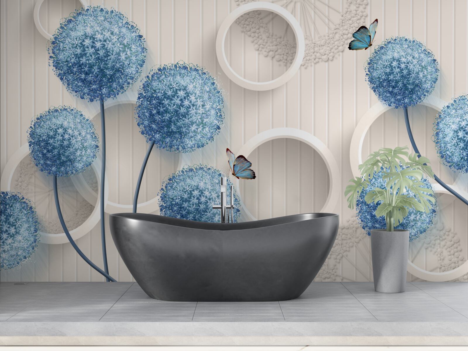 Carta da parati farfalle e fiori blu sono raffigurati su uno sfondo bianco