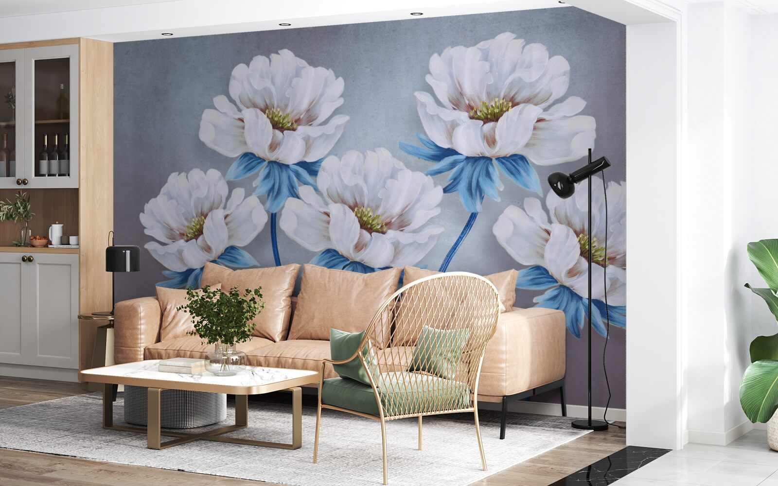 Carta da parati i fiori sono bianchi con una sfumatura blu