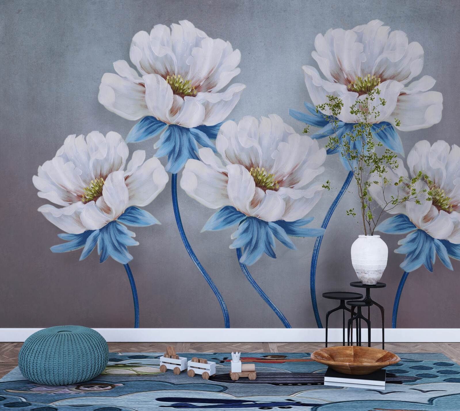 Carta da parati i fiori sono bianchi con una sfumatura blu