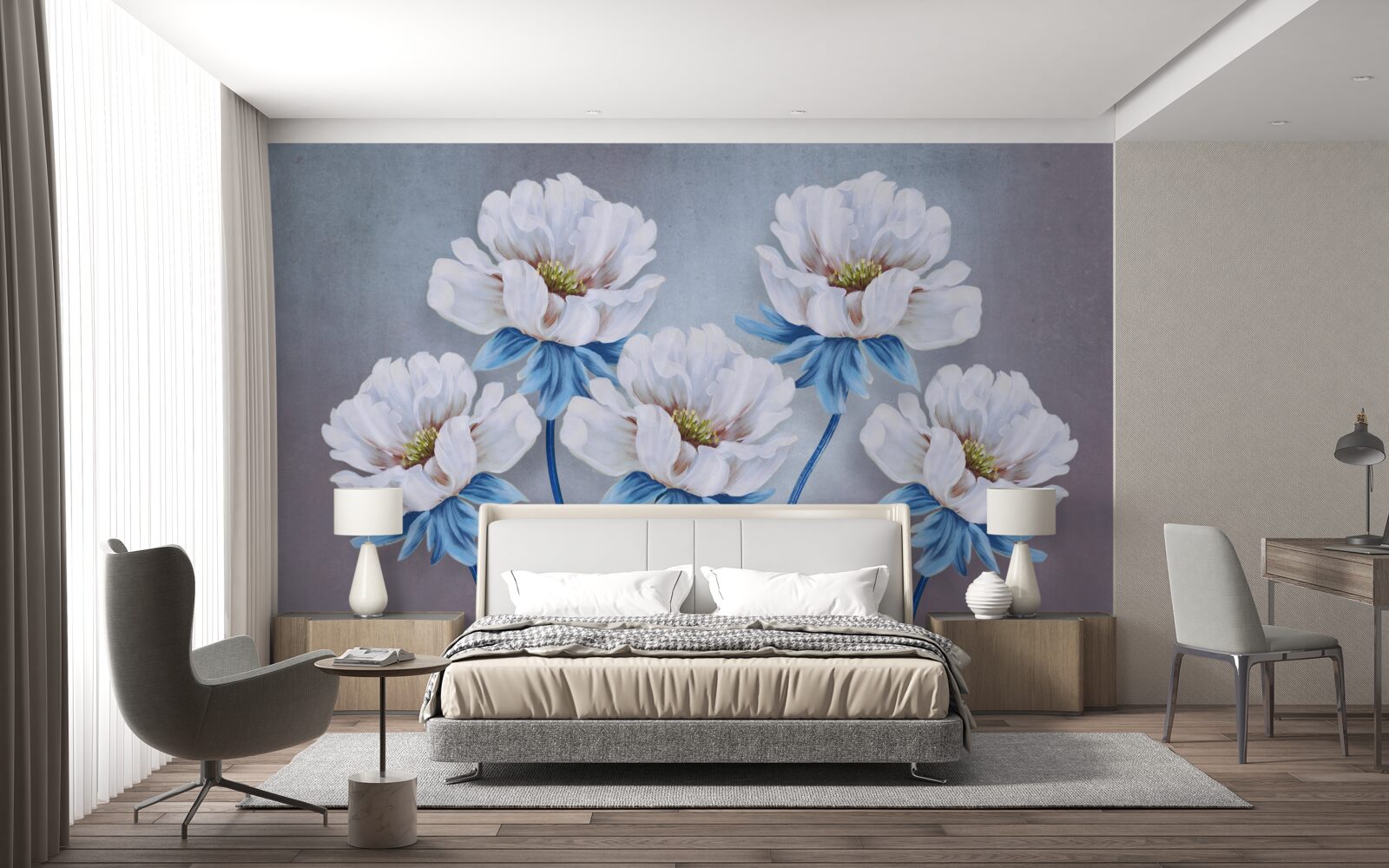 Carta da parati i fiori sono bianchi con una sfumatura blu