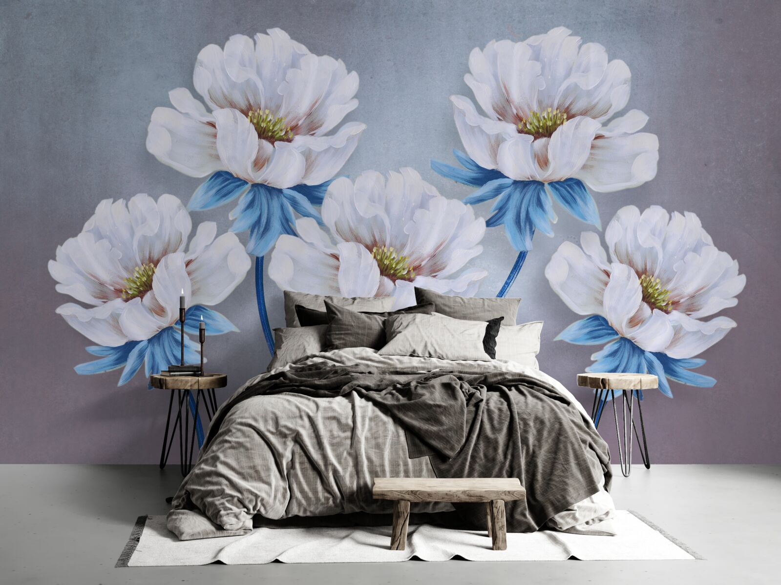 Carta da parati i fiori sono bianchi con una sfumatura blu