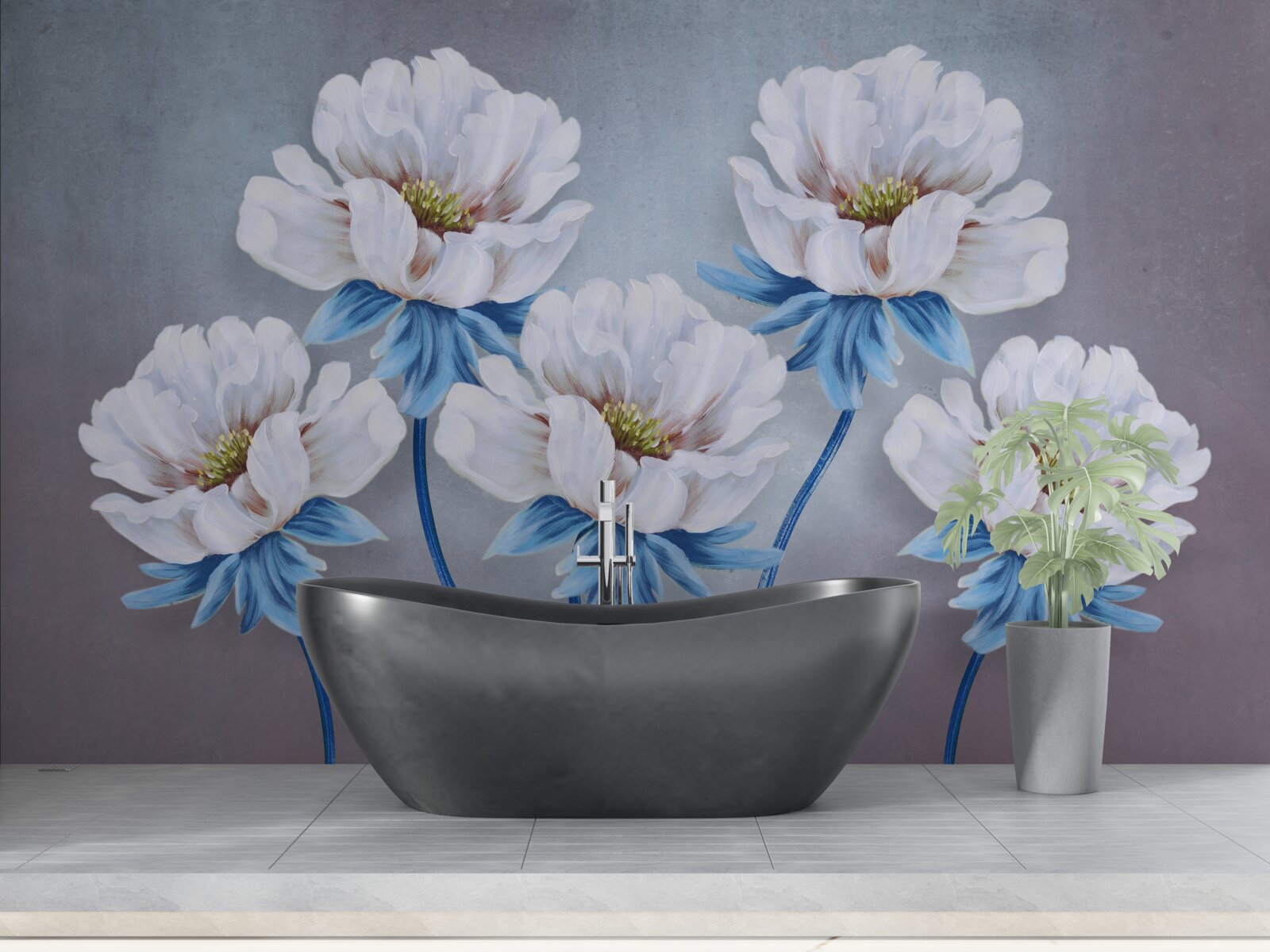 Carta da parati i fiori sono bianchi con una sfumatura blu