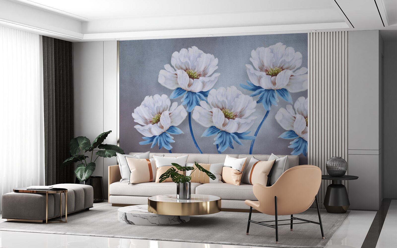 Carta da parati i fiori sono bianchi con una sfumatura blu