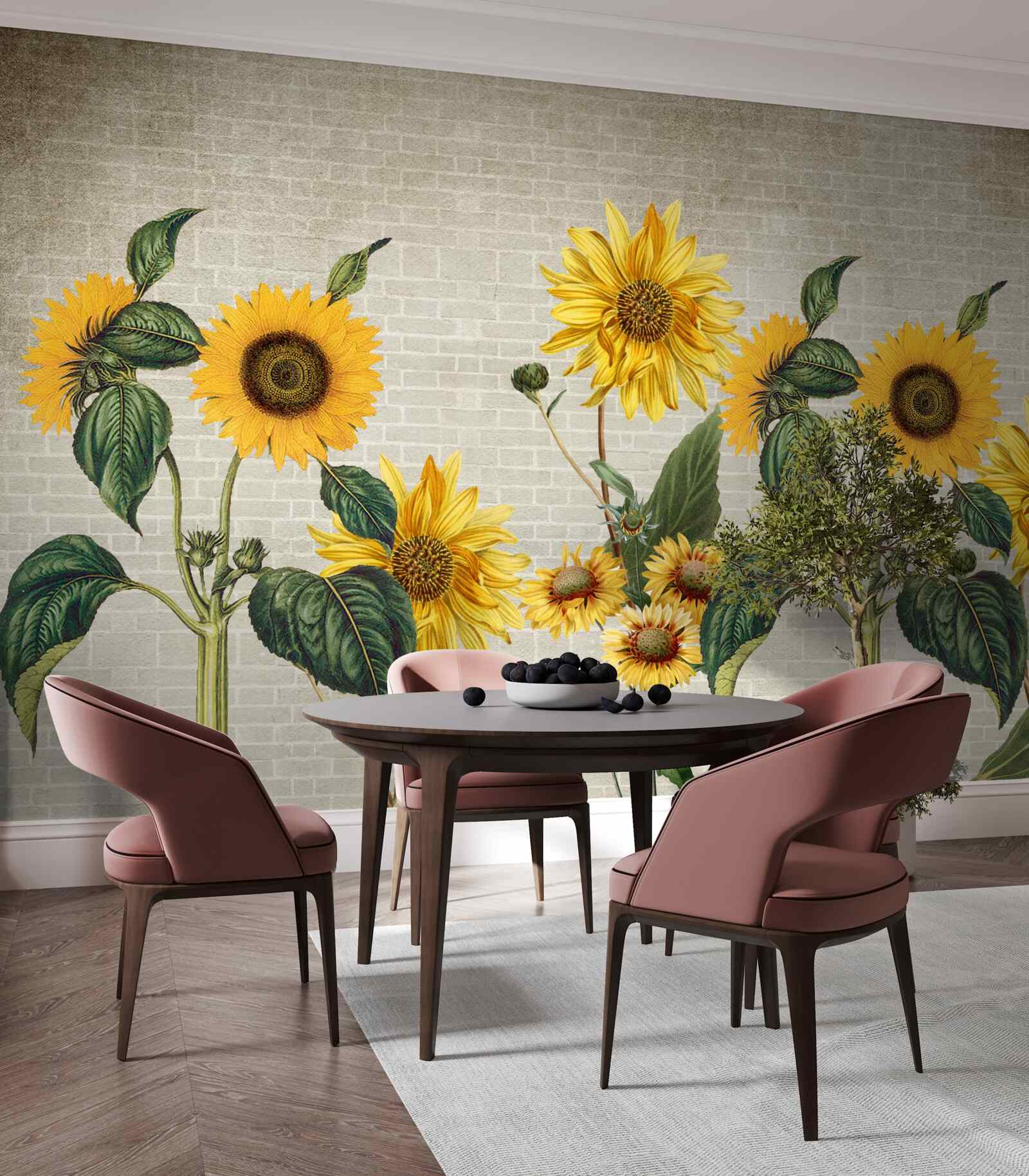 Carta da parati Muro di mattoni con girasoli in primo piano
